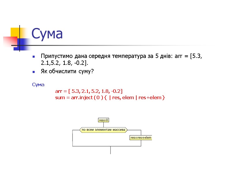 Сума  Припустимо дана середня температура за 5 днів: arr = [5.3, 2.1,5.2, 1.8,